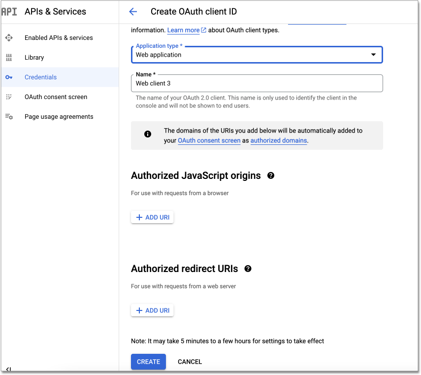 Fields to create an OAuth client ID