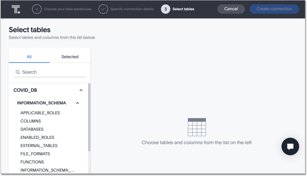 Choose tables and columns message