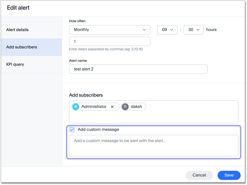 A schedule alerts window displaying the add custom message box