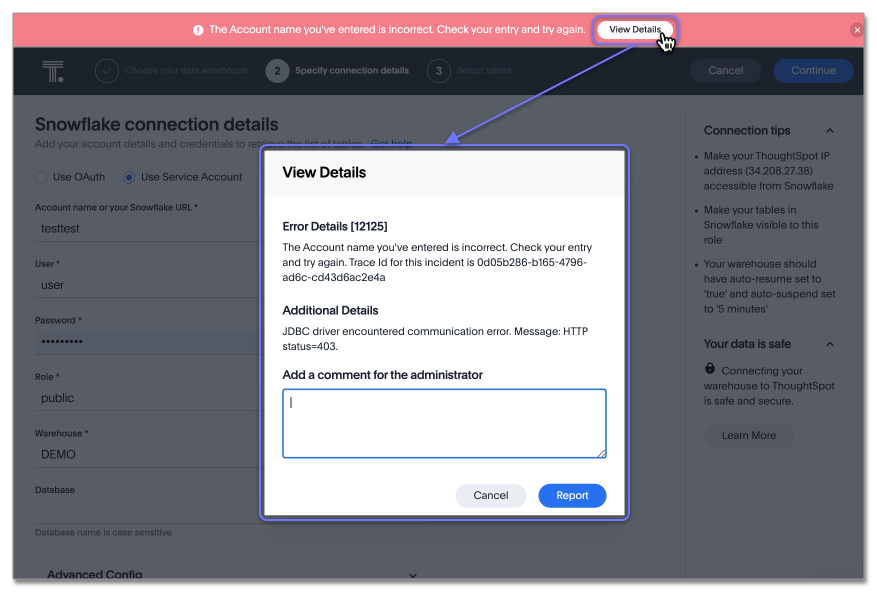 A view details pop-up window showing error details