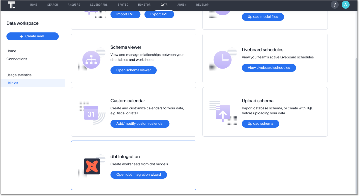 dbt integration in the Utilities section of the Data workspace