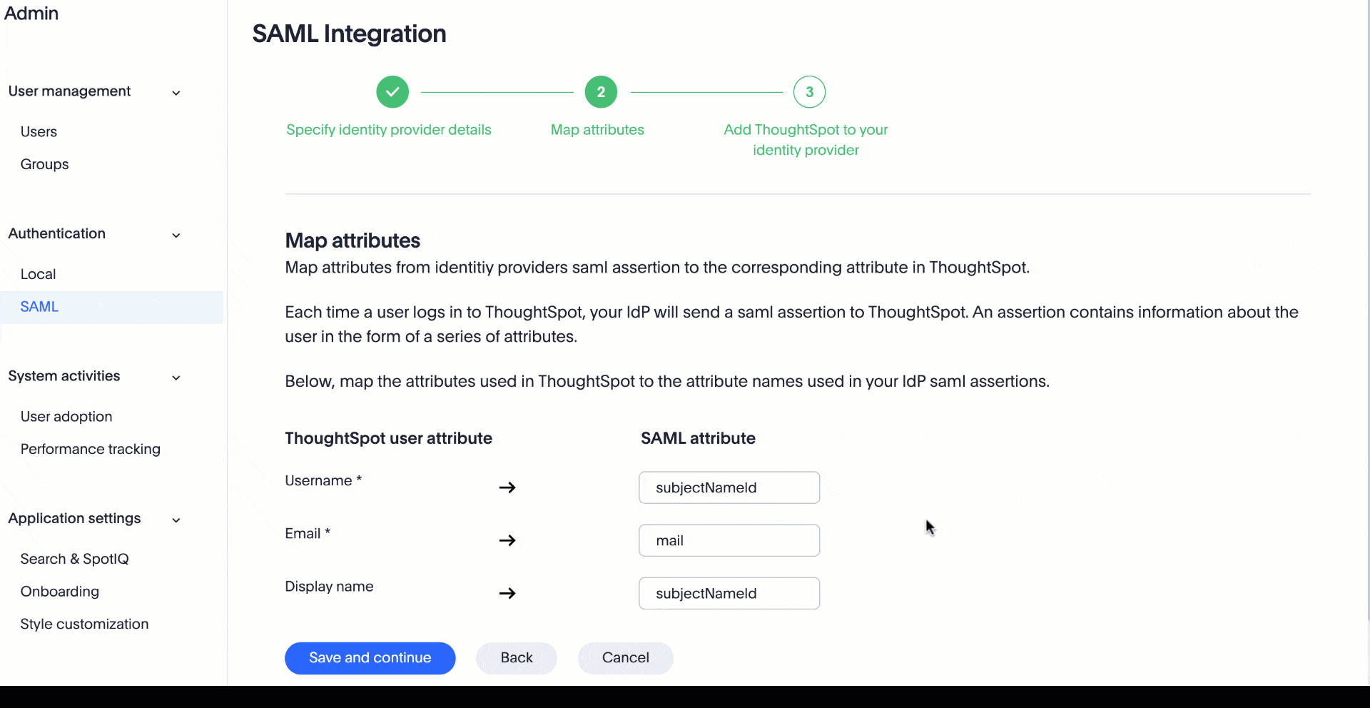 Zoom in on the ThoughtSpot user attribute section of the SAML configuration in the Admin Console