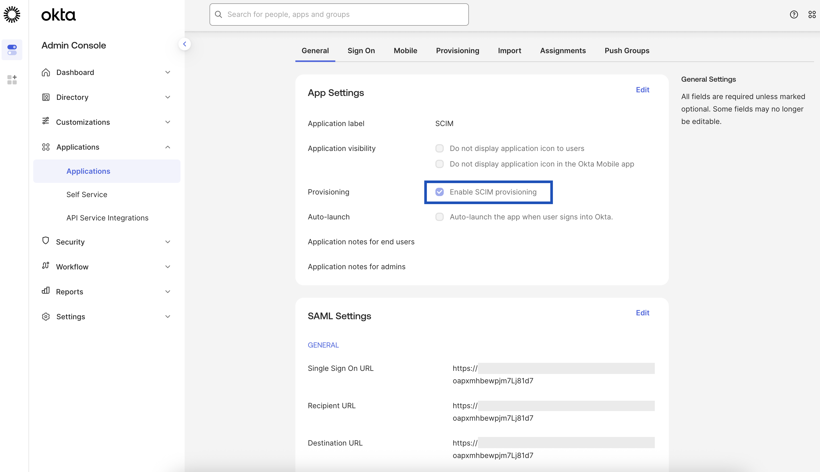 The provisioning option in the Okta interface. Check if the ‘Enable SCIM provisioning’ is checked.