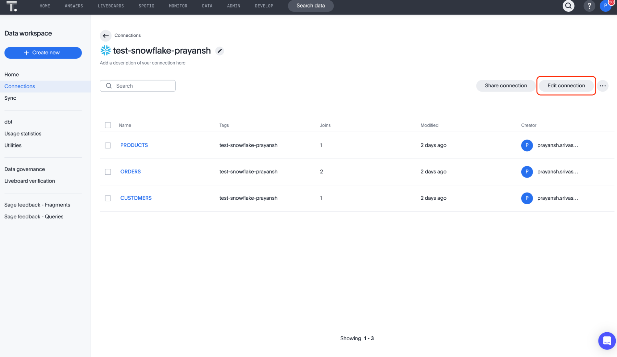 Open the Snowflake connection view and select the Edit connection button.