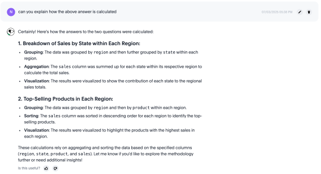 Spotter Agent provides a general explanation on how it calculated the previous answers.