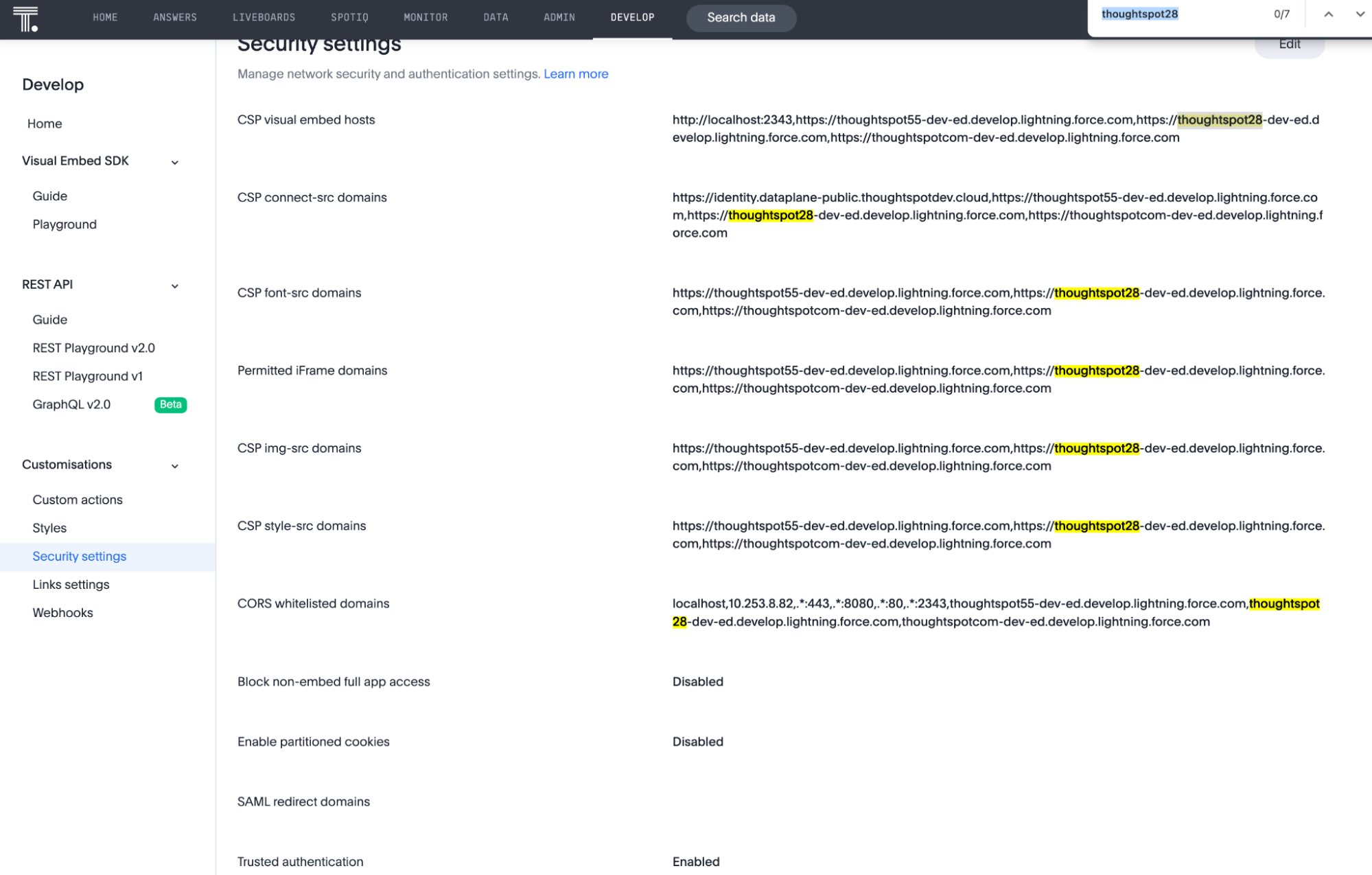 ThoughtSpot developer security settings page
