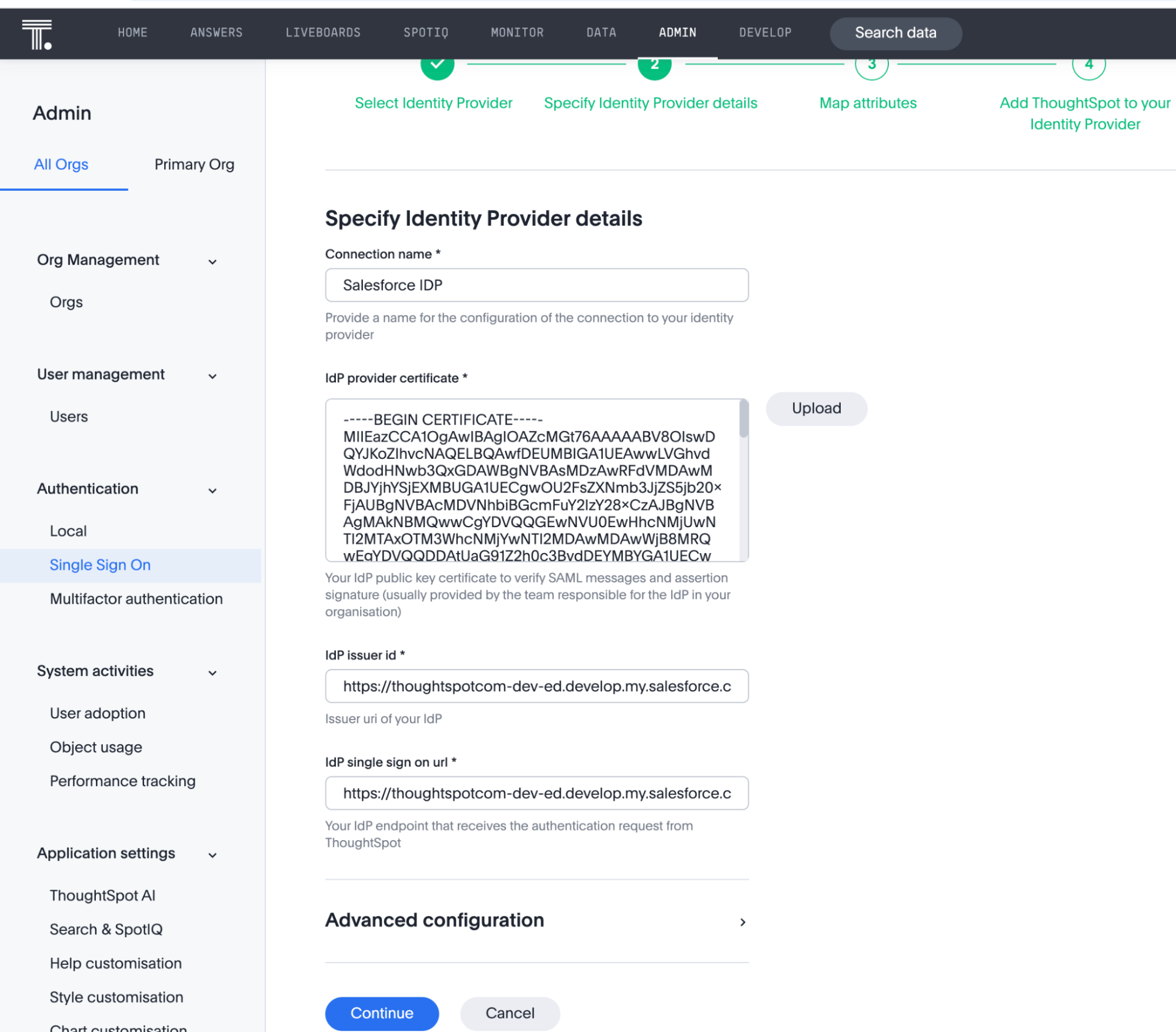 ThoughtSpot Single Sign On section