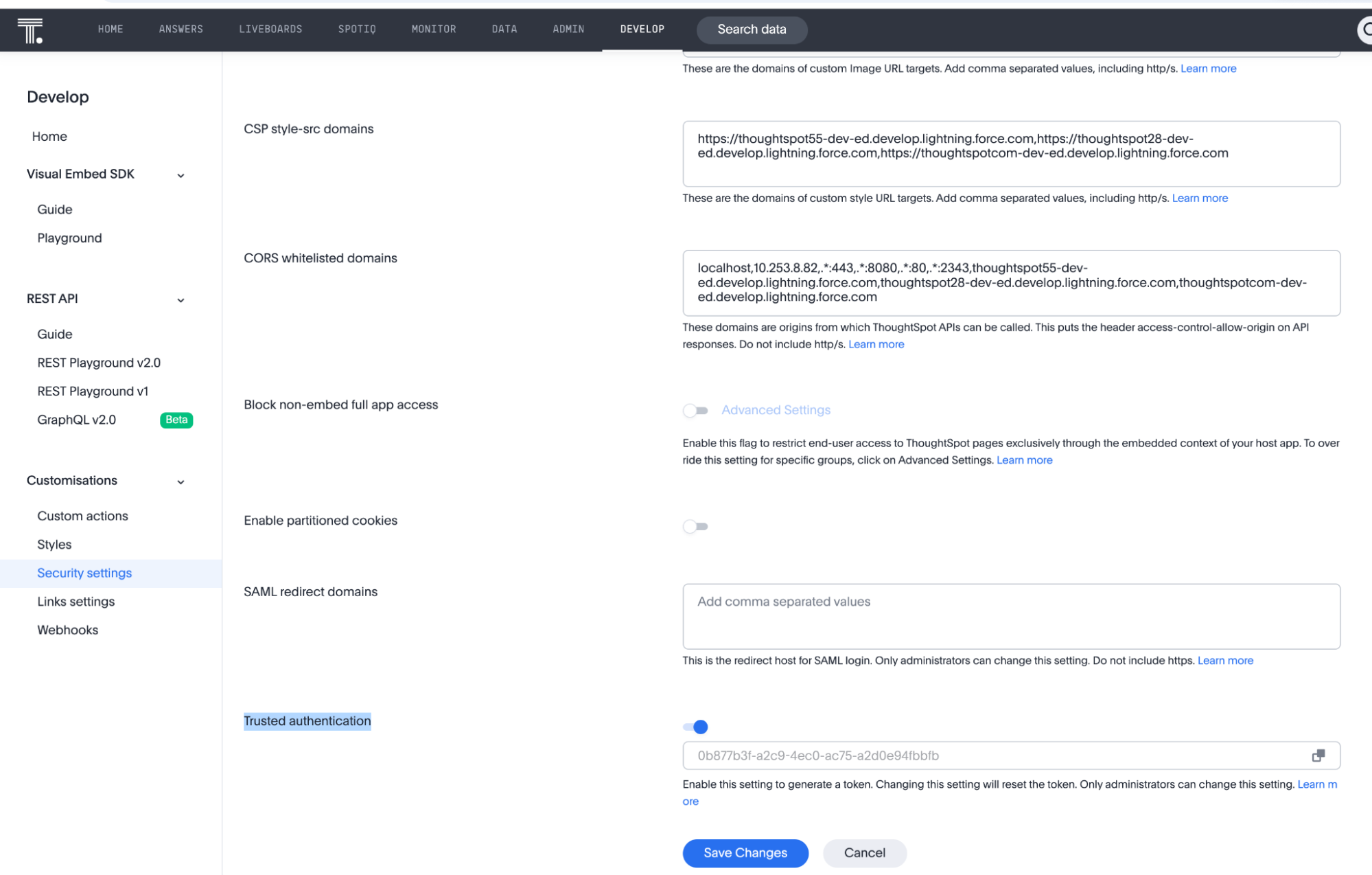ThoughtSpot Security settings in the Develop tab