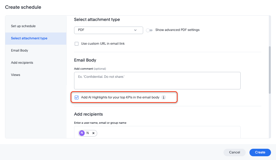 Add AI Highlights for your top KPIs in the email body
