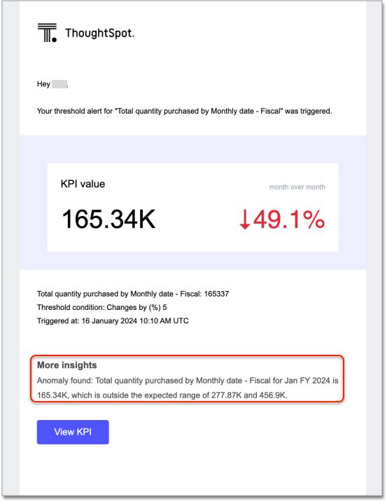 KPI alert with surfaced anomaly