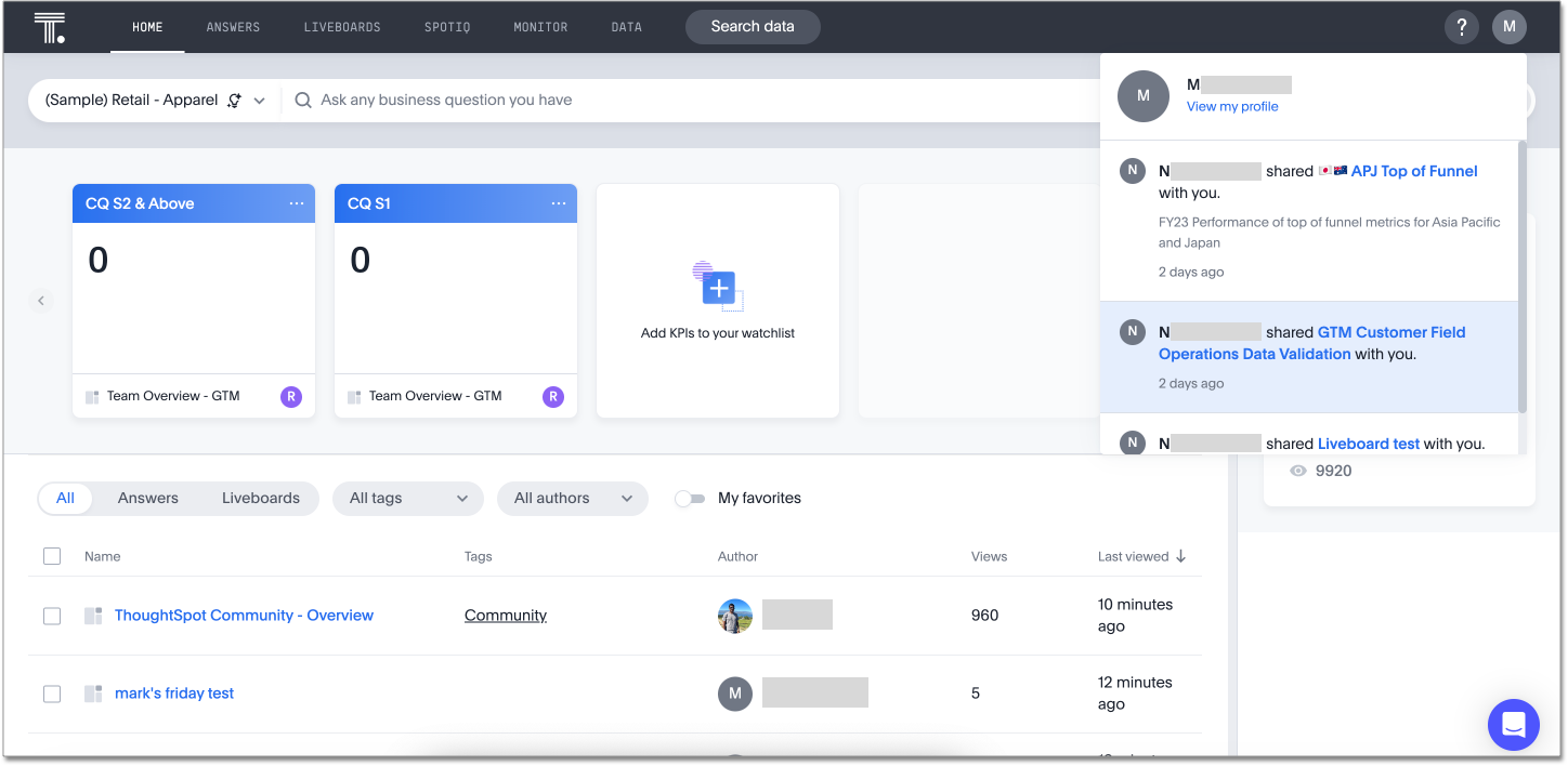 Notifications appear when you click the user profile icon
