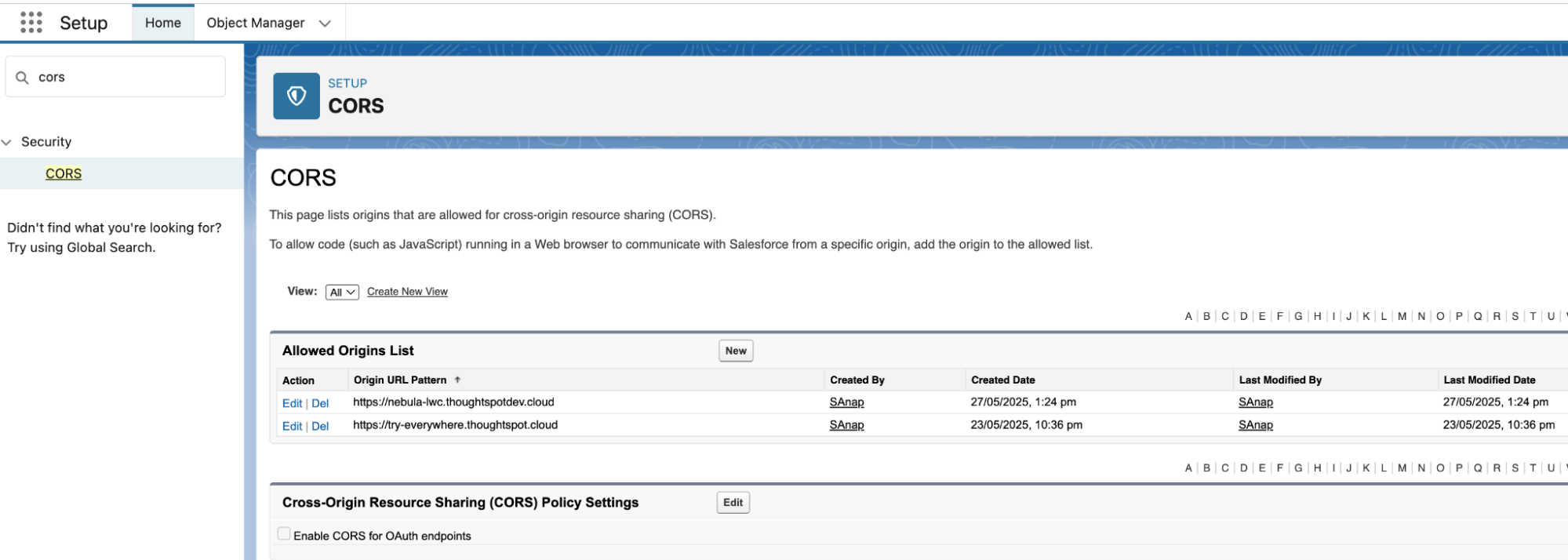 Salesforce CORS settings