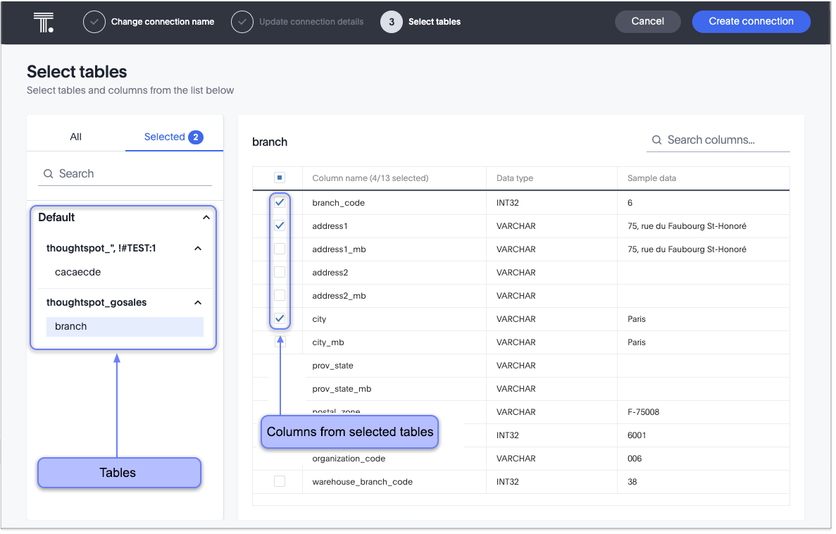 Select tables and columns for your connection