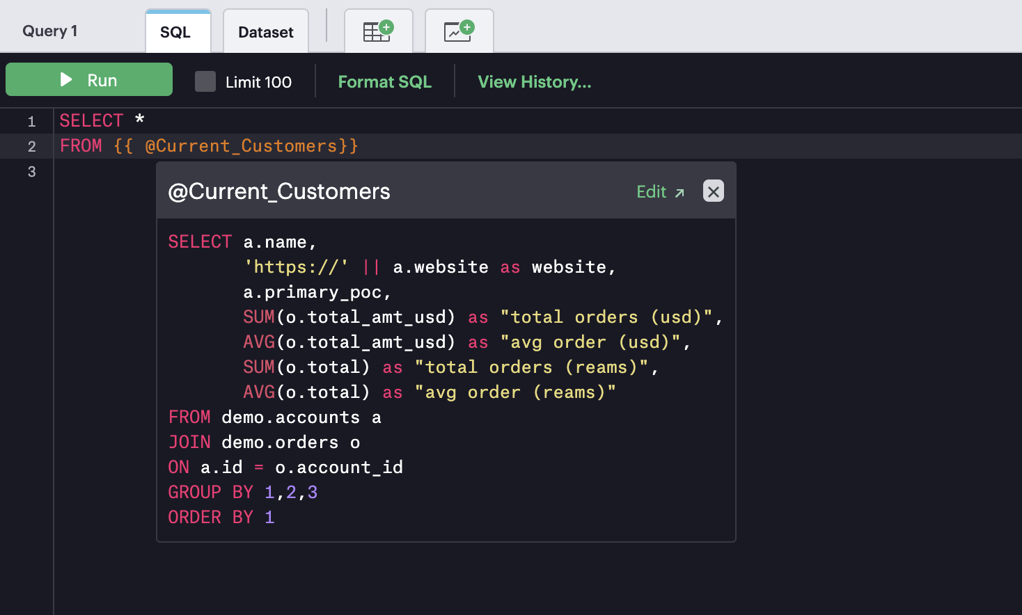 Definitions - saved SELECT SQL statements