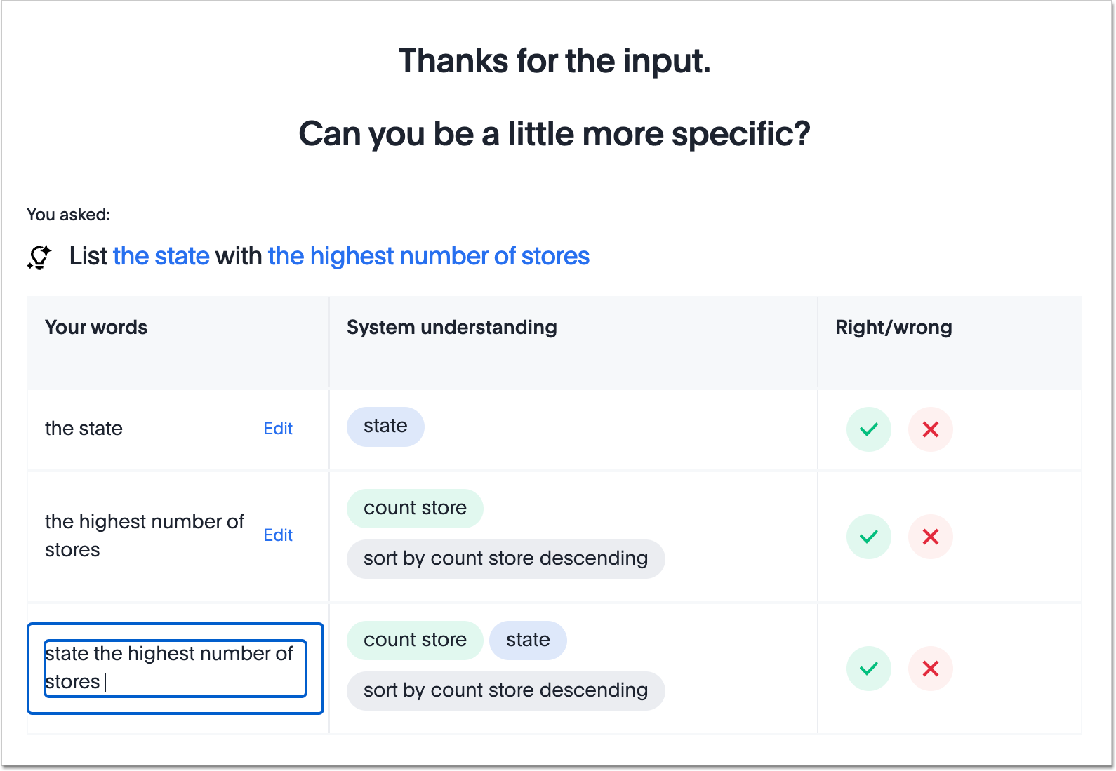 Edit query fragments when giving feedback