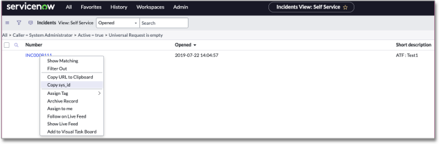 Right-click an incident number to see Sys_id