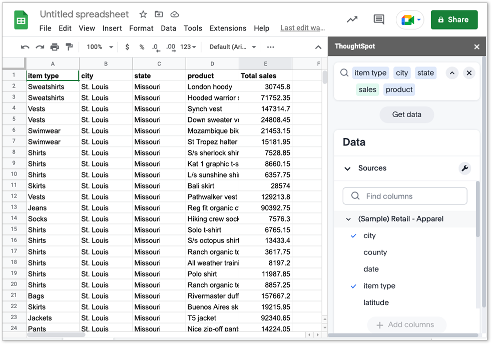 A google spreadhseet displaying ThoughtSpot add-in in the right sidebar