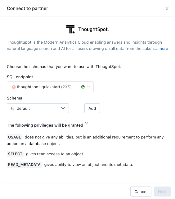 Databricks connect to partner window