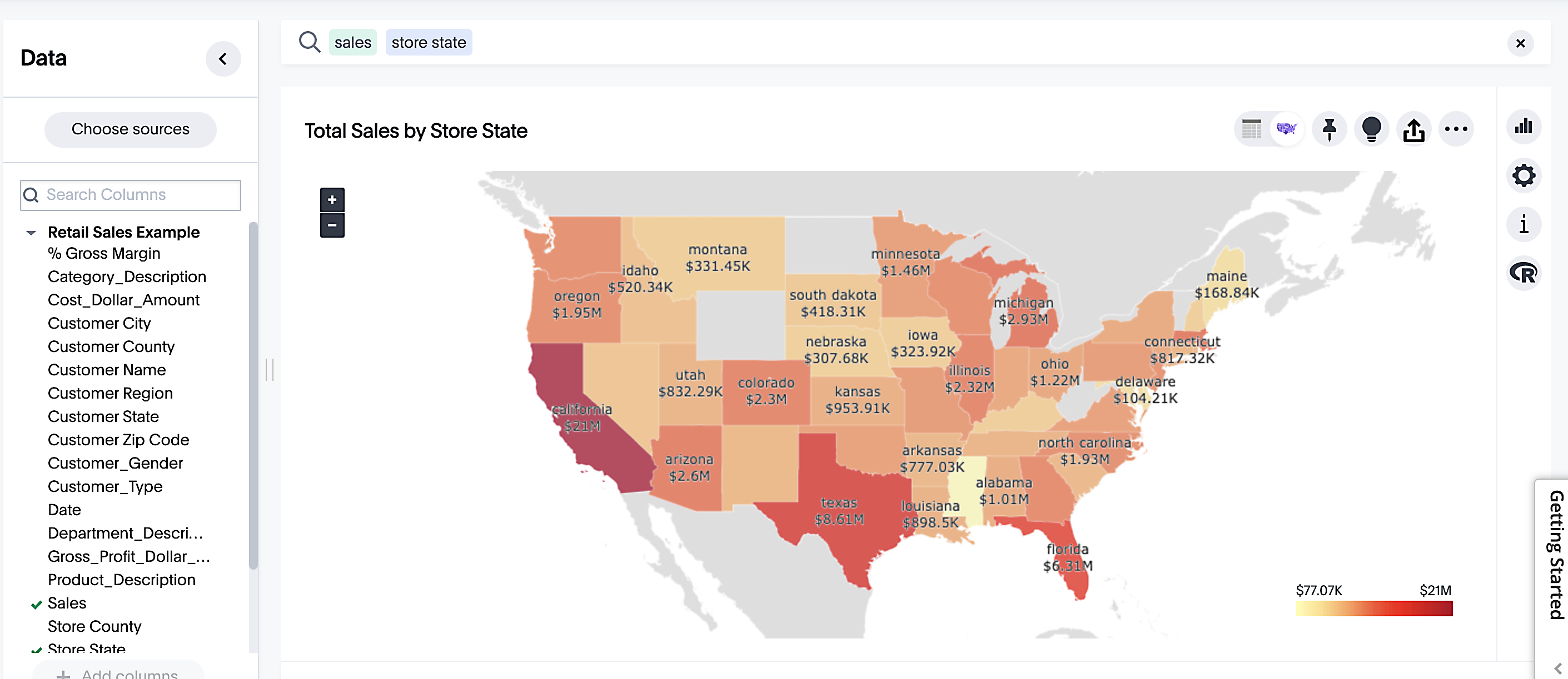 Sales by state geo chart with state names and sales in US dollars