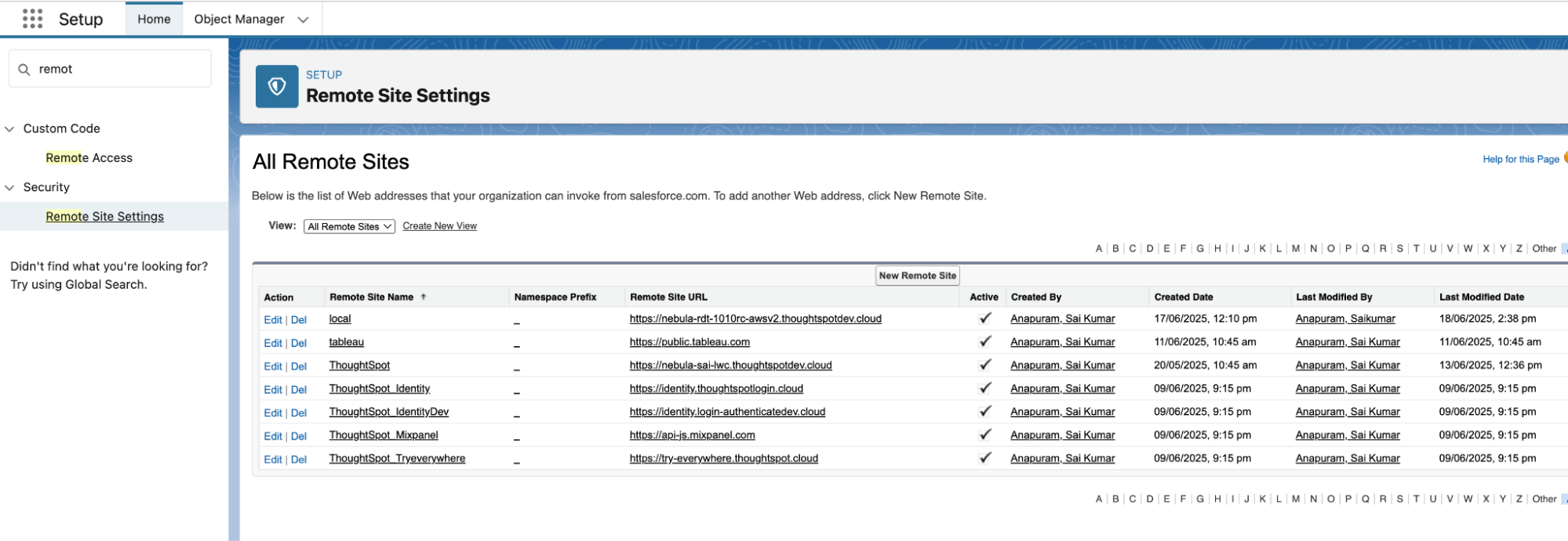 Salesforce Remote Site Settings page
