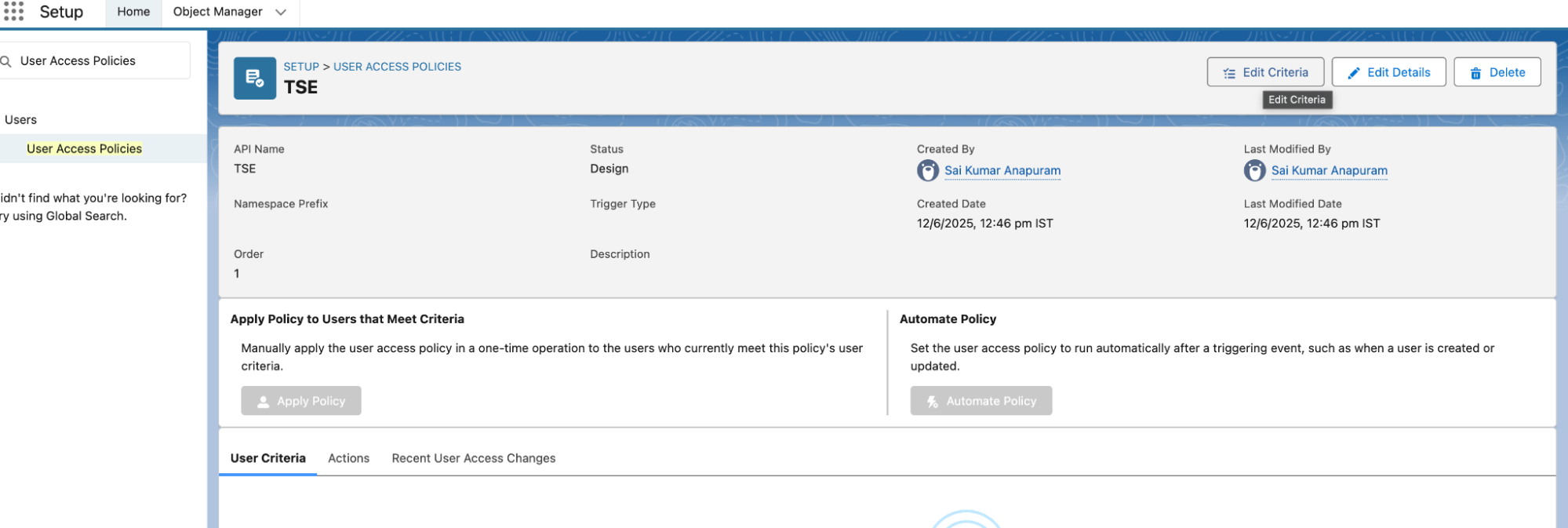 User Access Policies page open