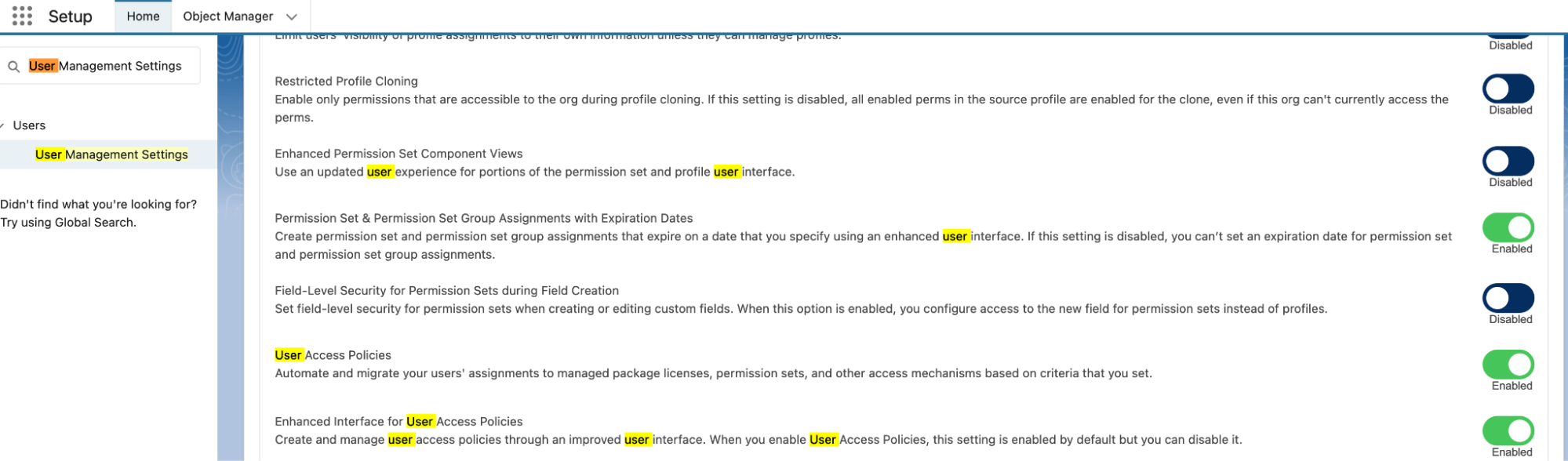 Salesforce User Management Settings