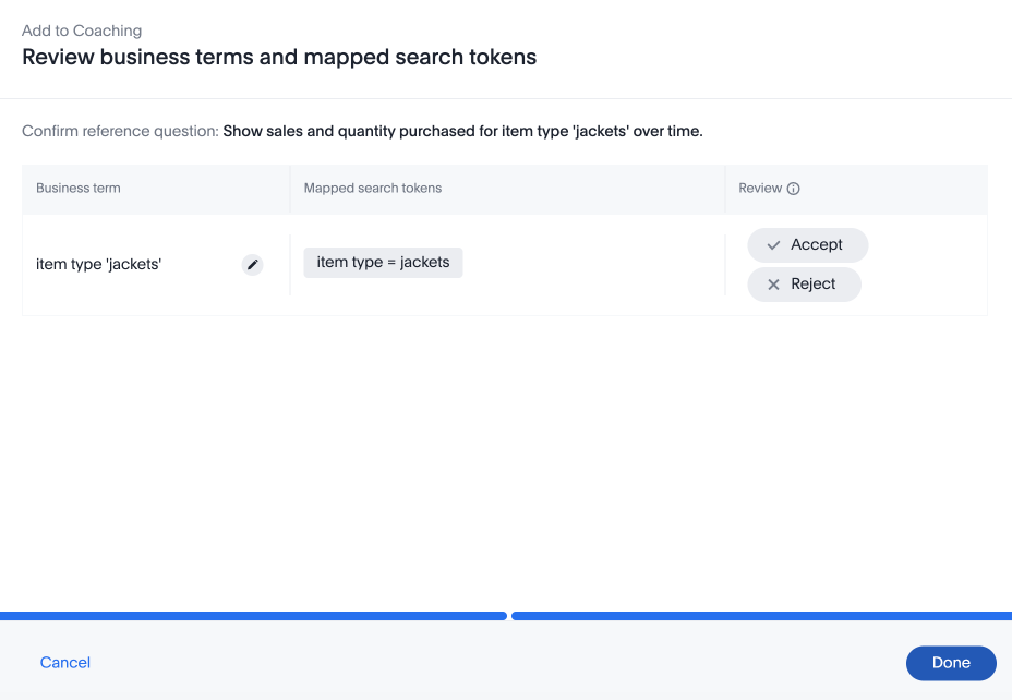 The Review business terms and mapped search tokens modal shows a suggested mapping of item type ‘jackets’ to item type = jackets.