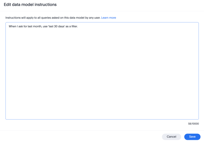 Data model instructions displaying "When I say 'last month'