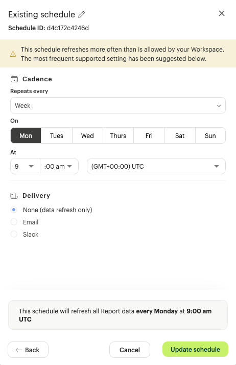 An existing schedule modal opened