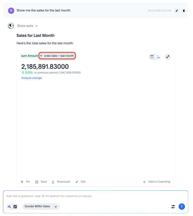 Spotter answer showing a filter for order date = last month.