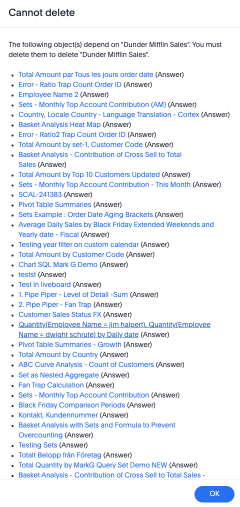 Cannot delete warning with a list of dependent objects