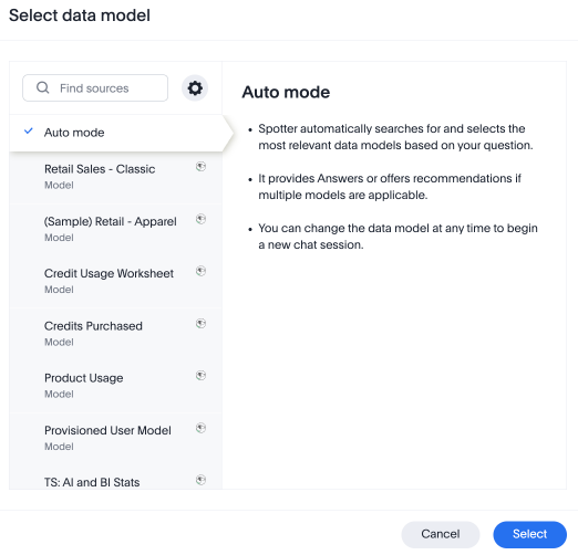 Select auto mode in select data model modal