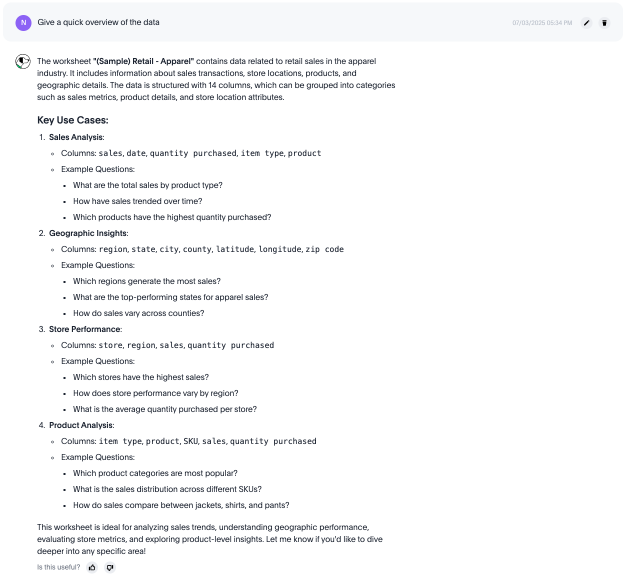 Spotter Agent gives a quick overview of the Sample Retail Apparel Model