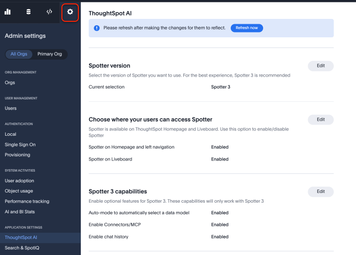 Admin settings in left nav