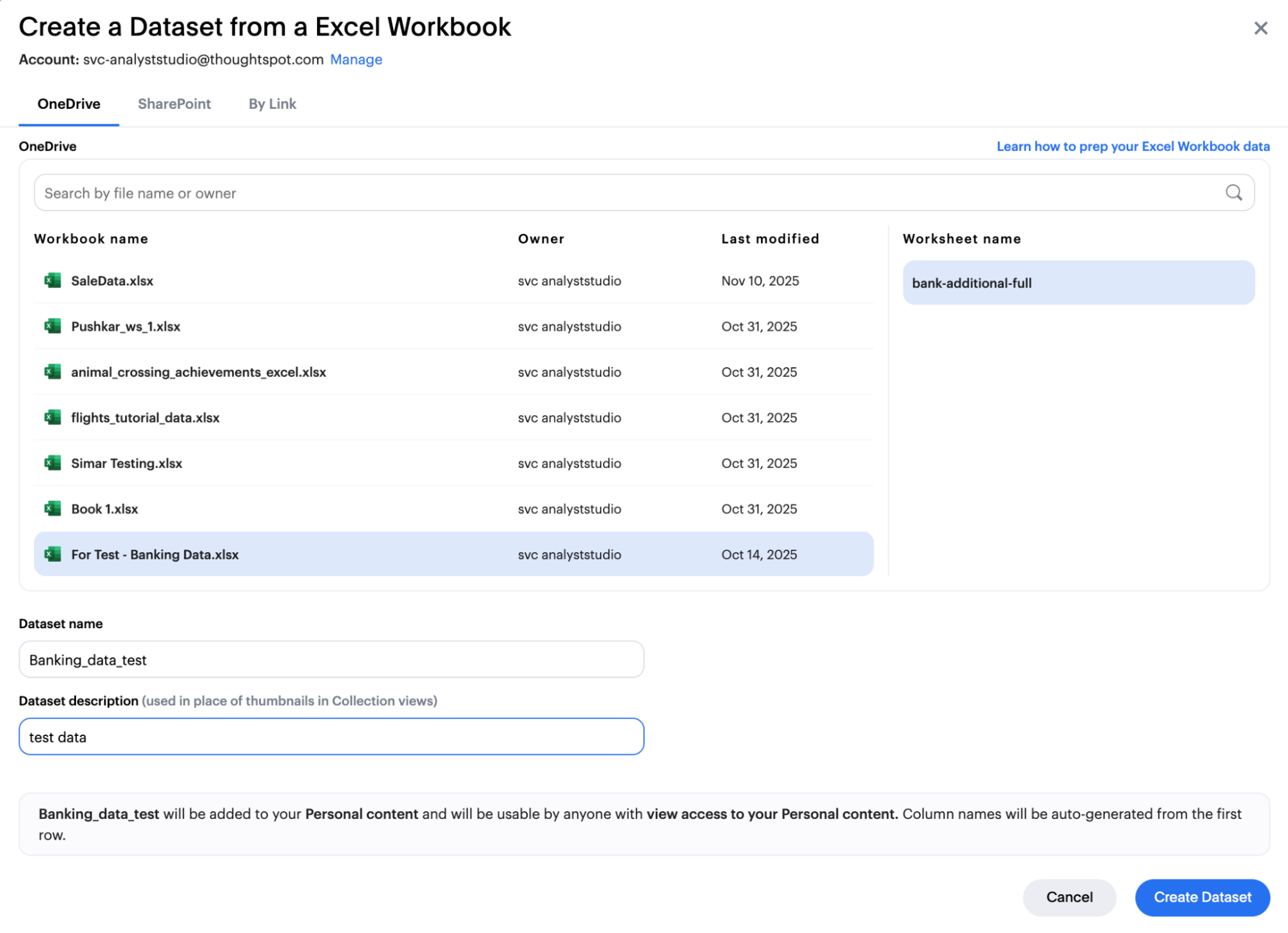 excel create dataset
