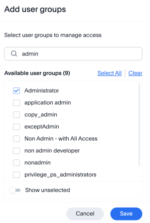 Add user groups popup with Administrator selected