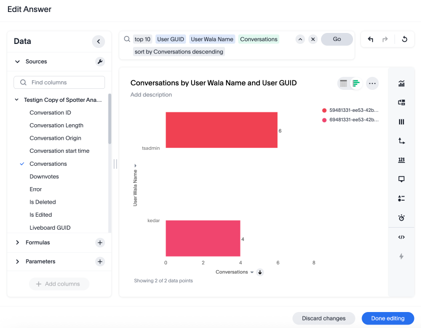 An Edit Answer modal showing the search tokens as "top 10 user GUID User Wala Name Conversations sort by Conversations descending."