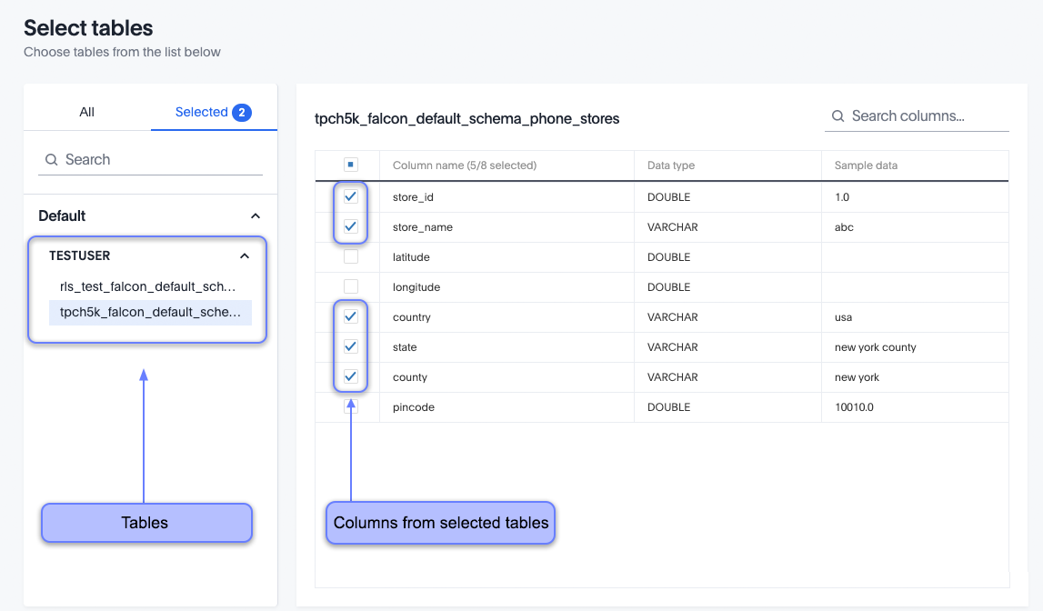 Select tables and columns for your connection