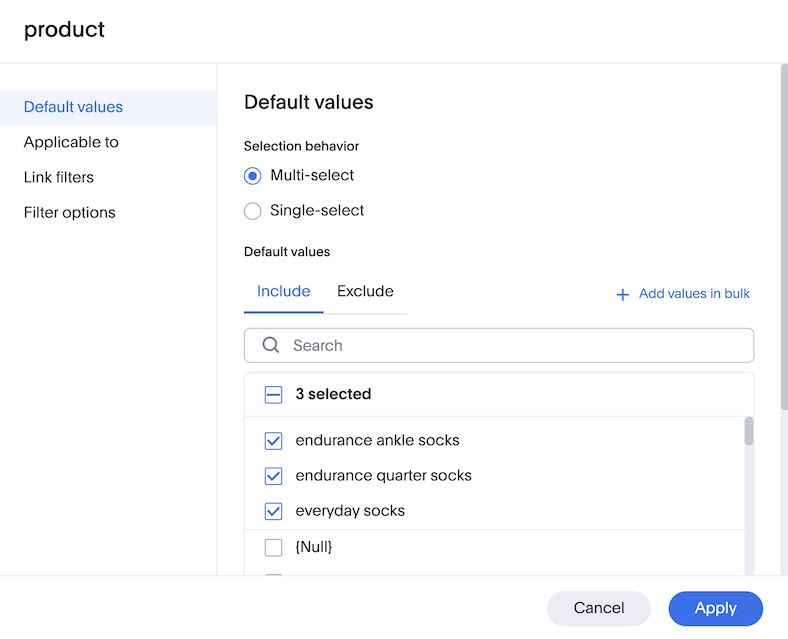 Filter default values to include