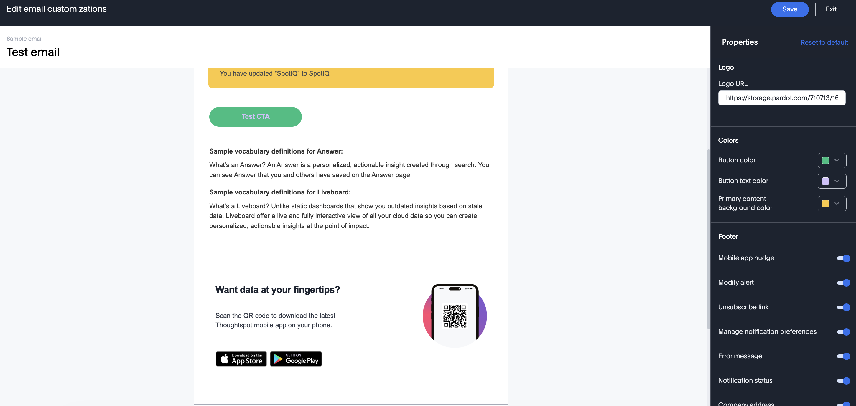 Email customization edit modal