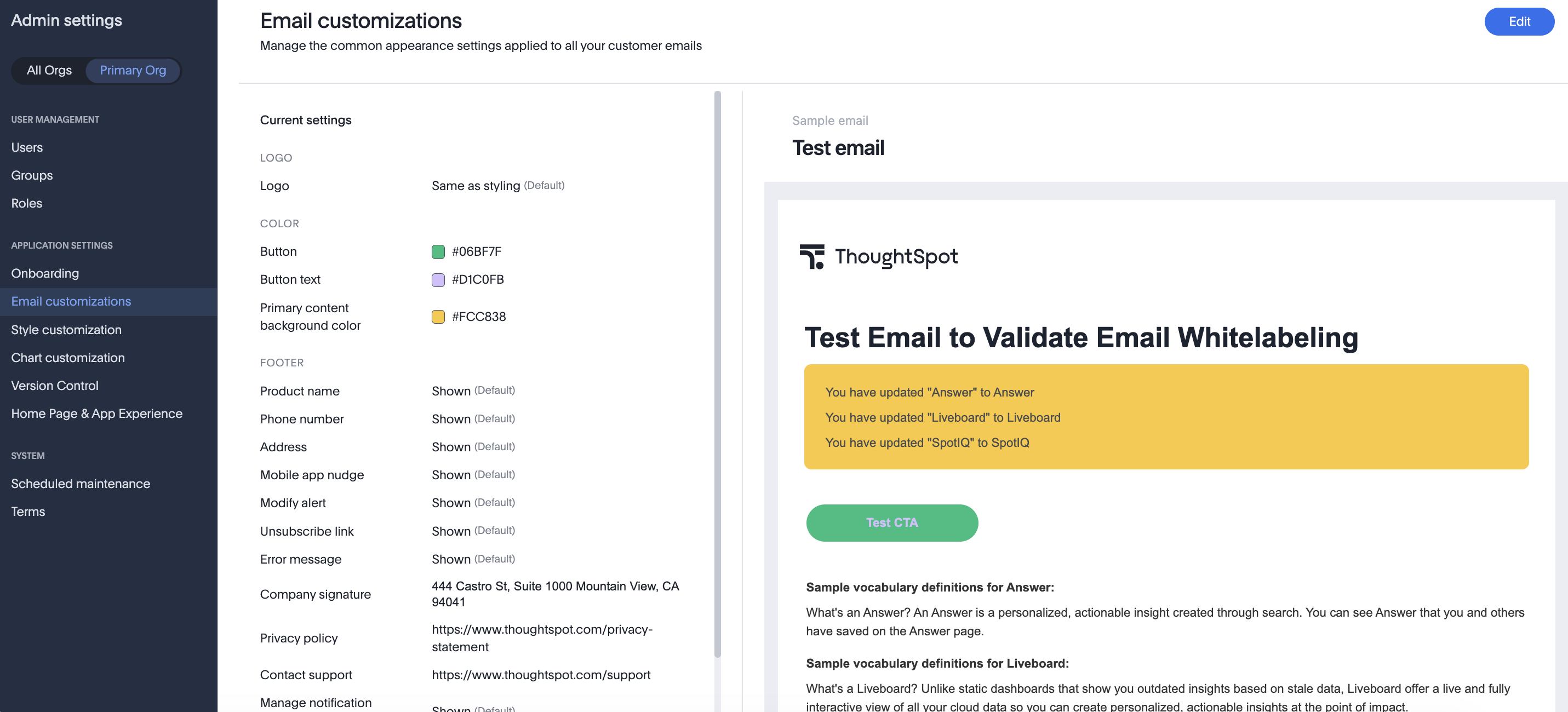 Email customization screen