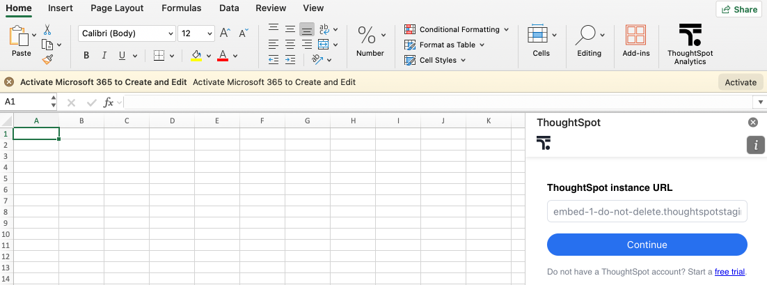 A MS excel sheet displaying the ThoughtSpot plug-in in the top bar
