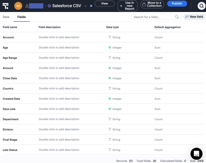 See fields view of Dataset.