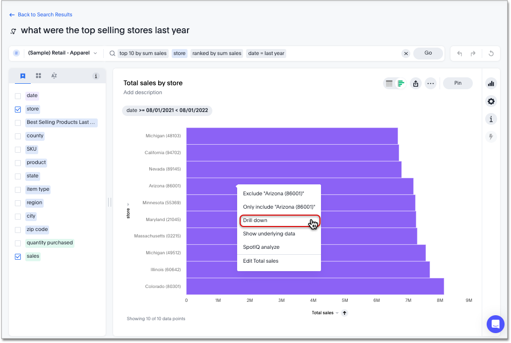 Natural language search answer with a drilldown option