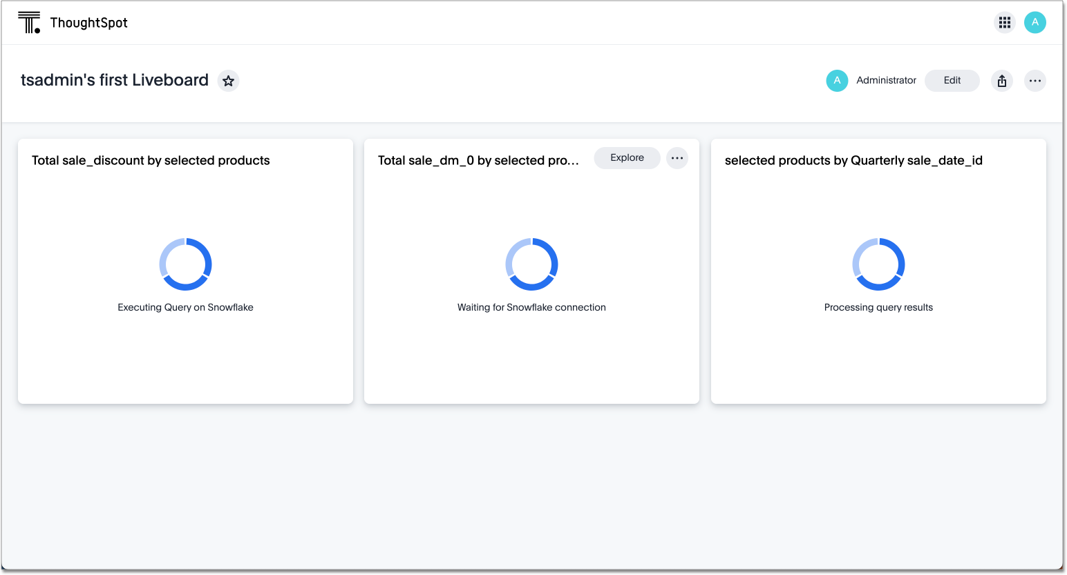 Liveboard displaying query execution status as visualizations load