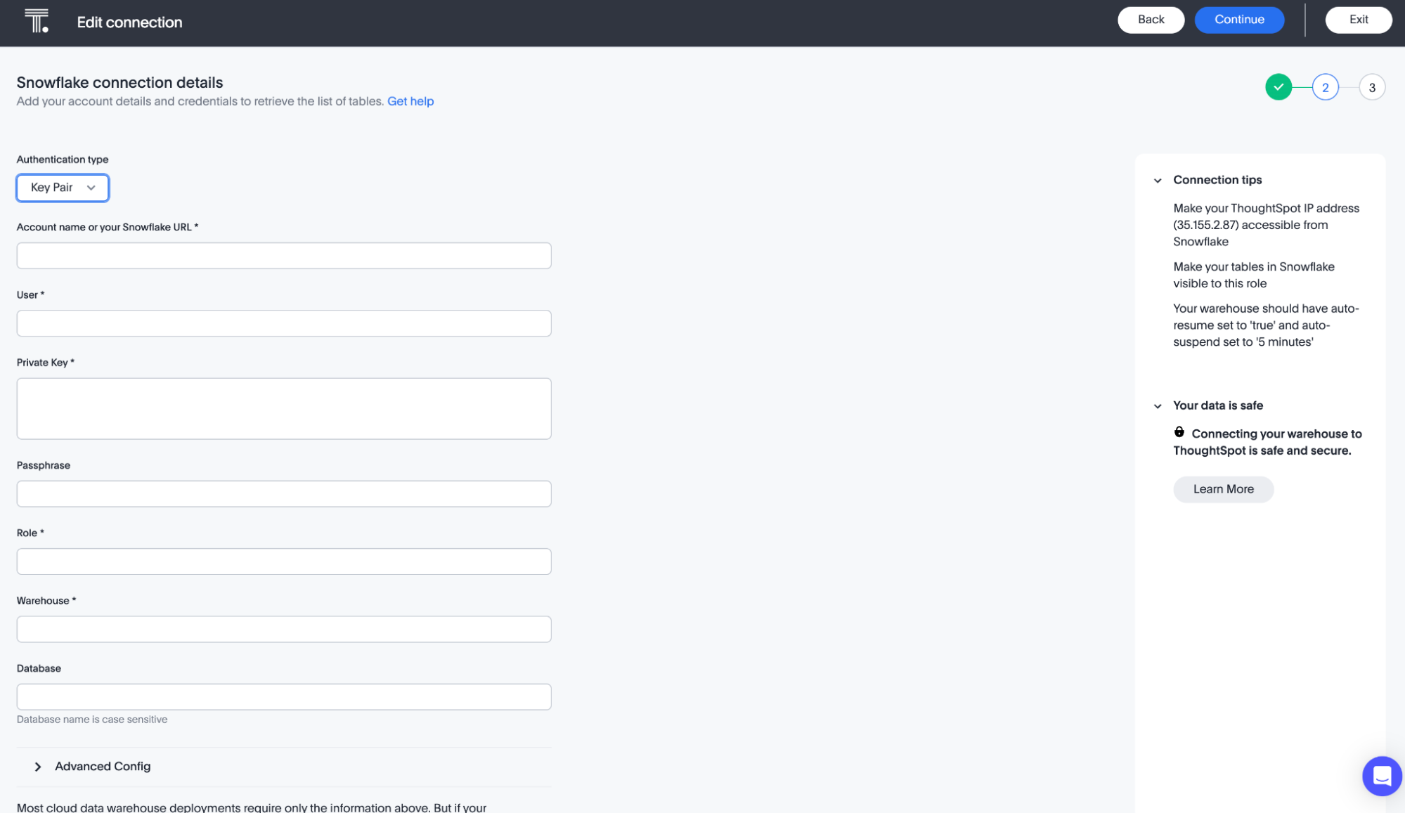 Select Key Pair and fill out the connection details.