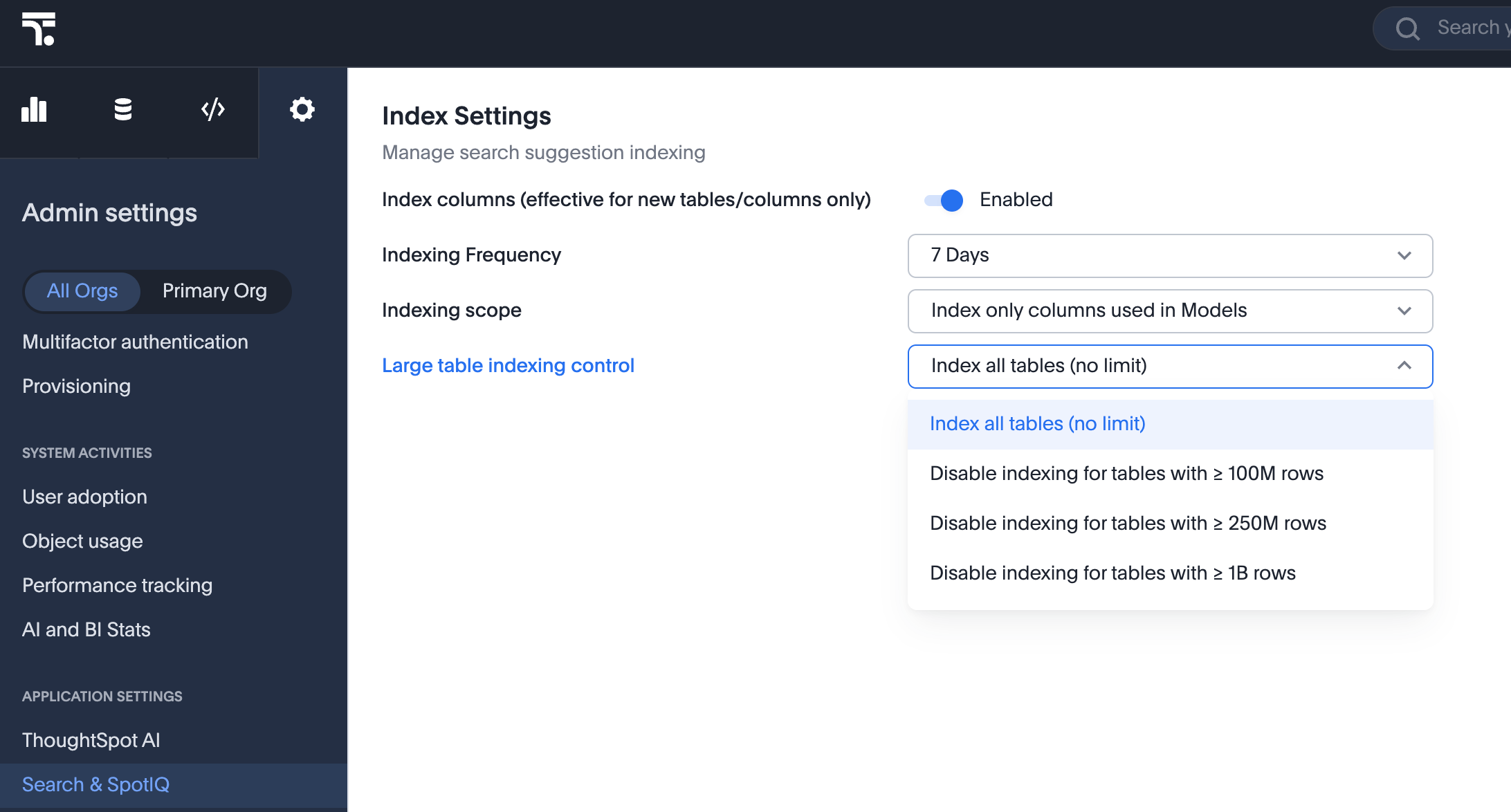 Disable indexing options.