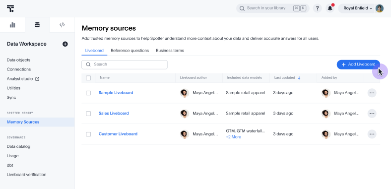Memory sources page