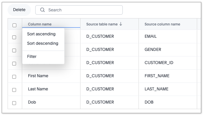 Sort columns