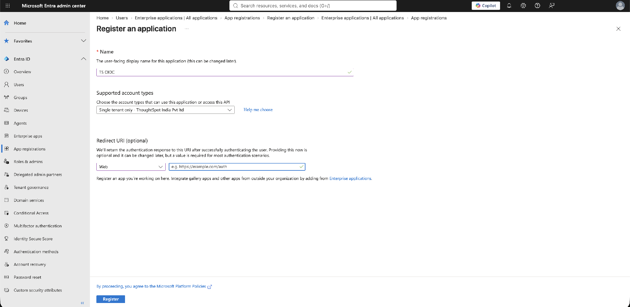 Register an application: name, account type, and (for now) no redirect URI